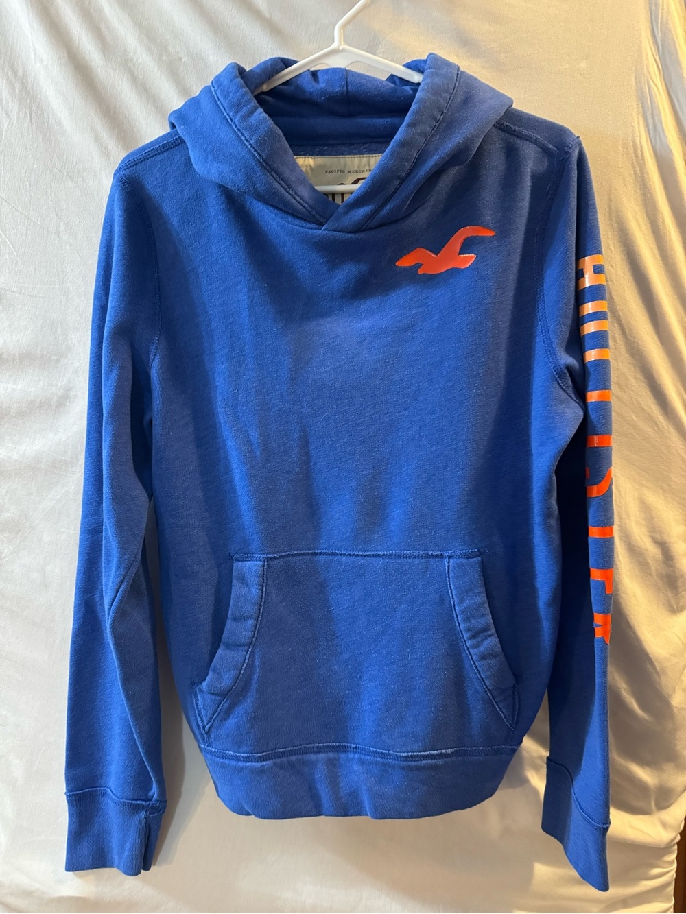 Hollister Royal Blue Pullover Hoodie with Orange Logo & Sleeve Print